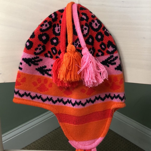 Rainforest Cafe Earflap Hat Knit Animal Paw Print Pink Orange Tassels One Size - Picture 3 of 9